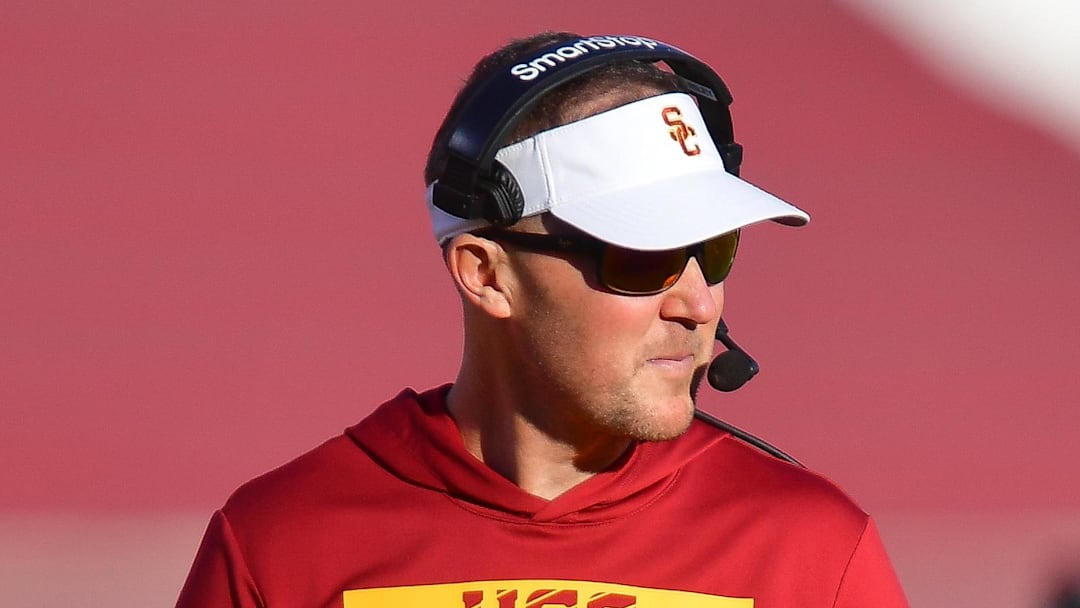 Nov 16, 2024; Los Angeles, California, USA; Southern California Trojans head coach Lincoln Riley watches game action against the Nebraska Cornhuskers during the second half at the Los Angeles Memorial Coliseum. Mandatory Credit: Gary A. Vasquez-Imagn Images