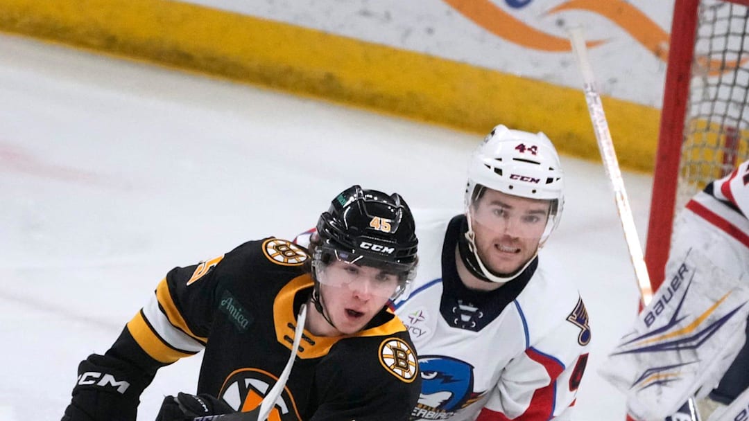 Providence center Frazer Minten and Springfield defenseman Scott Harrinton watch as an incoming puck heads their way in front of the Thunderbird net.