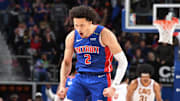 Cade Cunningham celebrates against the Cleveland Cavaliers