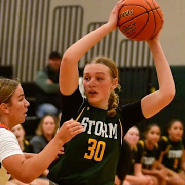 Sauk Rapids girls basketball junior Megan Anderson plays during a game against the St. Cloud Crush on Dec. 6, 2024 at Sauk Rapids High School. The Storm lost 70-51.