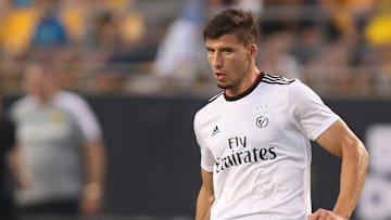 Jul 25, 2018; Pittsburgh, PA, USA;  Benfica midfielder Ruben Dias (6) moves the ball against Borussia Dortmund during the first half of an International Champions Cup soccer match at Heinz Field.The score was 2-2 at the end of regulation. (Benfica won 4-3 on penalty kicks.)  Mandatory Credit: Charles LeClaire-Imagn Images