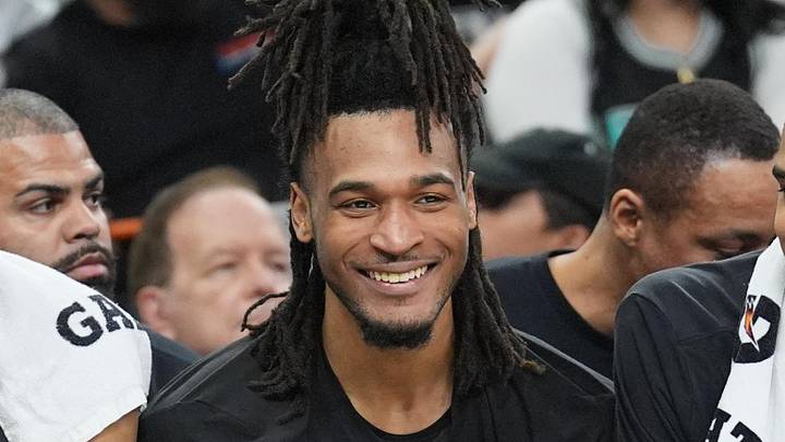 Feb 7, 2026; San Antonio, Texas, USA;  San Antonio Spurs guard Stephon Castle (5) on the bench during the second half against the Dallas Mavericks at Frost Bank Center. Mandatory Credit: Daniel Dunn-Imagn Images