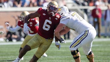 Oct 21, 2023; Atlanta, Georgia, USA; Boston College Eagles defensive end Donovan Ezeiruaku (6) rushes the passer against the Georgia Tech Yellow Jackets in the fourth quarter at Bobby Dodd Stadium at Hyundai Field. Mandatory Credit: Brett Davis-Imagn Images