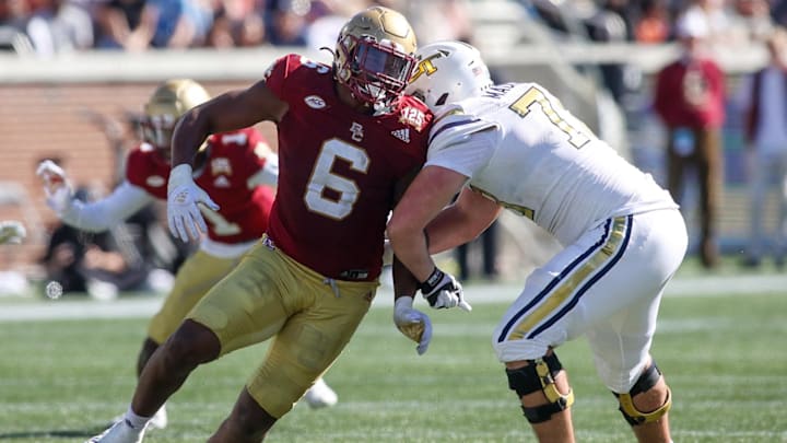 Oct 21, 2023; Atlanta, Georgia, USA; Boston College Eagles defensive end Donovan Ezeiruaku (6) rushes the passer against the Georgia Tech Yellow Jackets in the fourth quarter at Bobby Dodd Stadium at Hyundai Field. Mandatory Credit: Brett Davis-Imagn Images