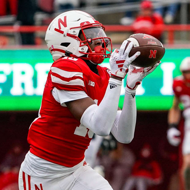 Nebraska Cornhuskers wide receiver Jaylen Lloyd catches a pass for a touchdown