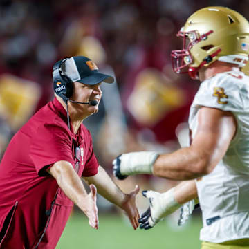 Boston College head coach Bill O’Brien congratulates players after his team scored their second touchdown of the first half against Florida State, Monday, Sept. 2, 2024, at Doak S. Campbell Stadium in Tallahassee, Fla. Mandatory Credit: AP Photo/Colin Hackley