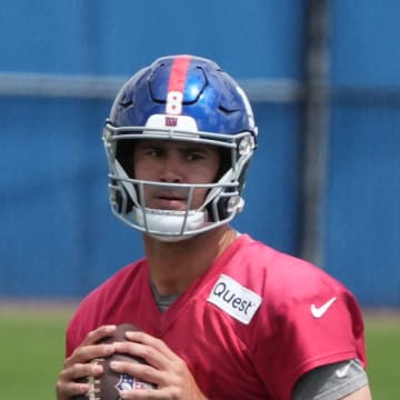 June 11, 2024 -- Quarterback, Daniel Jones at the NY Giants Mandatory Minicamp at their practice facility in East Rutherford, NJ.