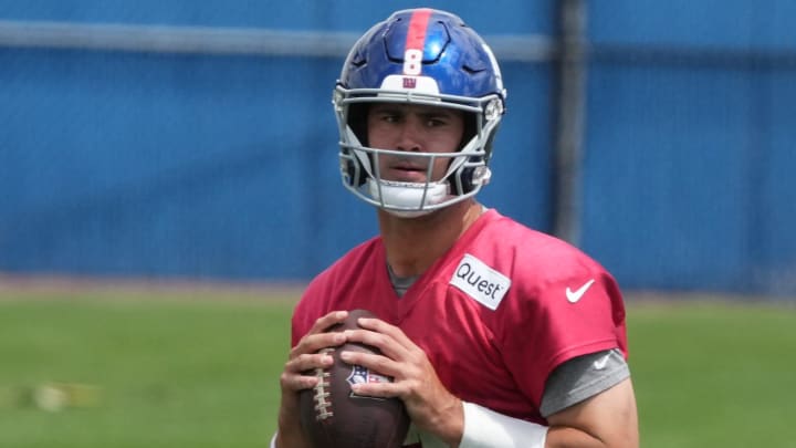 East Rutherford, NJ -- June 11, 2024 -- Quarterback, Daniel Jones at the NY Giants Mandatory Minicamp at their practice facility in East Rutherford, NJ.