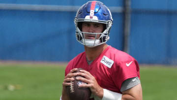 East Rutherford, NJ -- June 11, 2024 -- Quarterback, Daniel Jones at the NY Giants Mandatory Minicamp at their practice facility in East Rutherford, NJ.