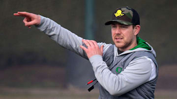 New Oregon offensive coordinator and quarterbacks coach Will Stein leads a drill on the first practice of spring for Oregon football as the Ducks prepare for the 2023 season.

Eug 031623 Uo Spring Fb 15