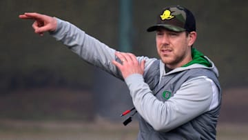 New Oregon offensive coordinator and quarterbacks coach Will Stein leads a drill on the first practice of spring for Oregon football as the Ducks prepare for the 2023 season.

Eug 031623 Uo Spring Fb 15