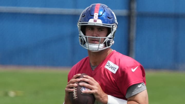 East Rutherford, NJ -- June 11, 2024 -- Quarterback Daniel Jones at the NY Giants Mandatory Minicamp at their practice facility in East Rutherford, NJ.