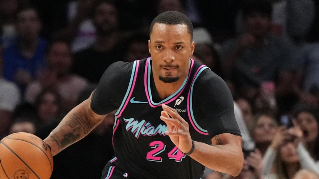 Mar 14, 2026; Miami, Florida, USA;  Miami Heat guard Norman Powell (24) collects a turnover and heads up the court against the Orlando Magic during the second half at Kaseya Center. Mandatory Credit: Jim Rassol-Imagn Images