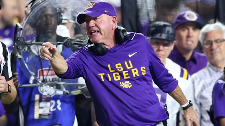 Oct 25, 2025; Baton Rouge, Louisiana, USA; Louisiana State Tigers head coach Brian Kelly during the first half against the Texas A&M Aggies at Tiger Stadium. Mandatory Credit: Stephen Lew-Imagn Images