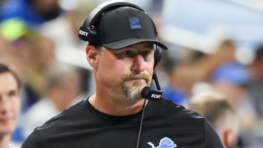 Nov 2, 2025; Detroit, Michigan, USA; Detroit Lions head coach Dan Campbell looks on in the first half against the Minnesota Vikings at Ford Field.