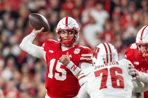 Nebraska quarterback Dylan Raiola fires a fourth quarter pass against Wisconsin.