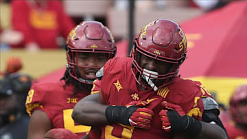 Sep 12, 2020; Ames, Iowa, USA; Iowa State Cyclones defensive end Will McDonald IV (9) celebrates after the sack against the Louisiana-Lafayette Ragin Cajuns at Jack Trice Stadium. The Ragin Cajuns beat the Cyclones 31 to 14.   Mandatory Credit: Reese Strickland-Imagn Images
