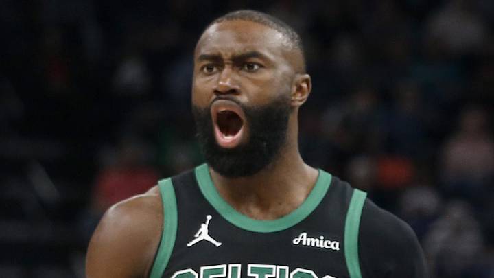 Mar 20, 2026; Memphis, Tennessee, USA; Boston Celtics guard Jaylen Brown (7) and forward Jayson Tatum (0) react during the third quarter against the Memphis Grizzliesat FedExForum. Mandatory Credit: Petre Thomas-Imagn Images