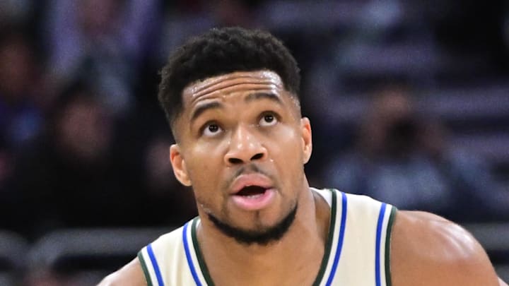 Nov 29, 2025; Milwaukee, Wisconsin, USA; Milwaukee Bucks forward Giannis Antetokounmpo (34) : Benny Sieu-Imagn Images
