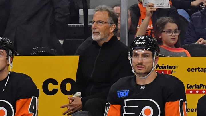 Mar 4, 2024; Philadelphia, Pennsylvania, USA; Philadelphia Flyers head coach John Tortorella against the St. Louis Blues at Wells Fargo Center. Mandatory Credit: Eric Hartline-USA TODAY Sports