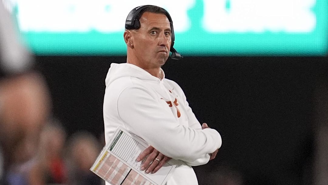 Texas Longhorns head coach Steve Sarkisian looks on in the first half against the Georgia Bulldogs  at Sanford Stadium.