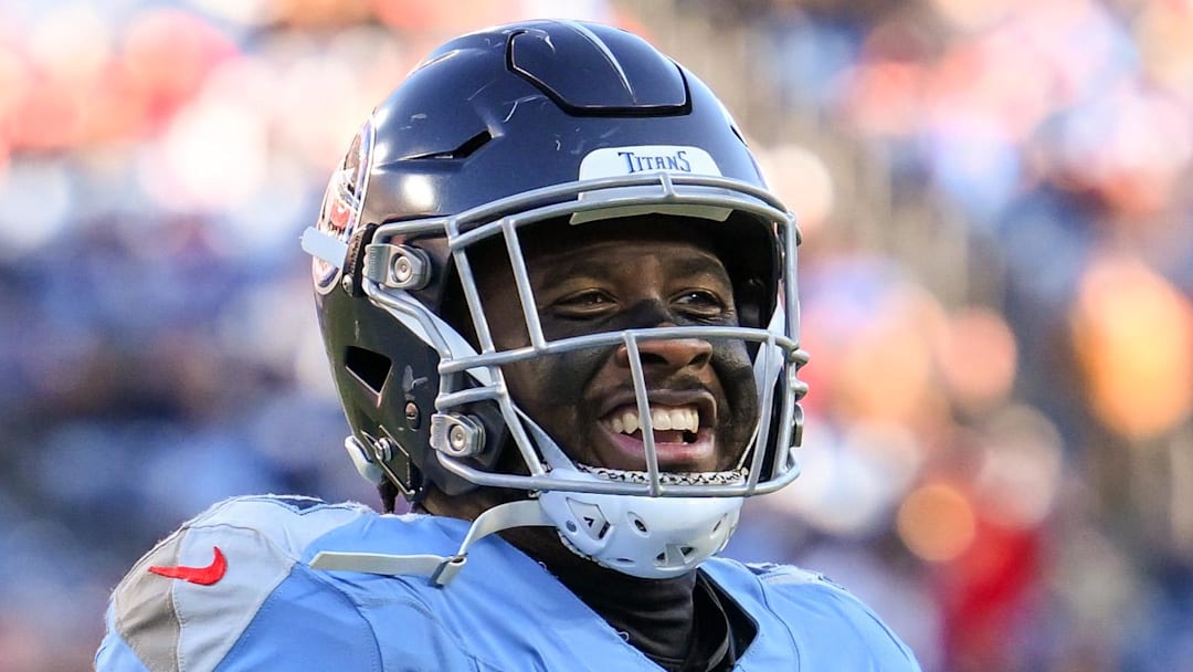 Dec 21, 2025; Nashville, Tennessee, USA;  Tennessee Titans linebacker Jihad Ward (533) celebrates the play for loss with the crowd against the Kansas City Chiefs during the second half at Nissan Stadium. Mandatory Credit: Steve Roberts-Imagn Images