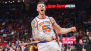 Oct 27, 2023; Atlanta, Georgia, USA; New York Knicks center Isaiah Hartenstein (55) reacts after a dunk against the Atlanta Hawks in the first quarter at State Farm Arena. Mandatory Credit: Brett Davis-USA TODAY Sports