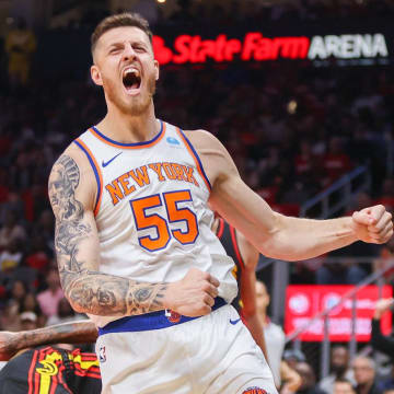 Oct 27, 2023; Atlanta, Georgia, USA; New York Knicks center Isaiah Hartenstein (55) reacts after a dunk against the Atlanta Hawks in the first quarter at State Farm Arena. Mandatory Credit: Brett Davis-USA TODAY Sports