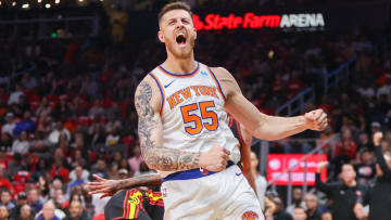 Oct 27, 2023; Atlanta, Georgia, USA; New York Knicks center Isaiah Hartenstein (55) reacts after a dunk against the Atlanta Hawks in the first quarter at State Farm Arena. Mandatory Credit: Brett Davis-USA TODAY Sports