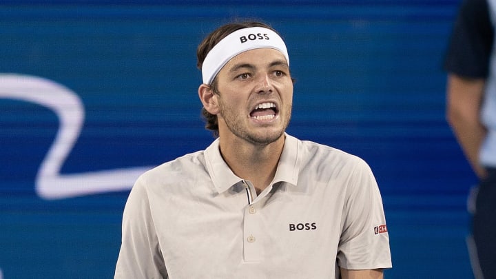 Aug 13, 2024; Cincinnati, OH, USA ; Taylor Fritz of the United States reacts to a point during his match against Brandon Nakashima of the United States on day two of the Cincinnati Open. 