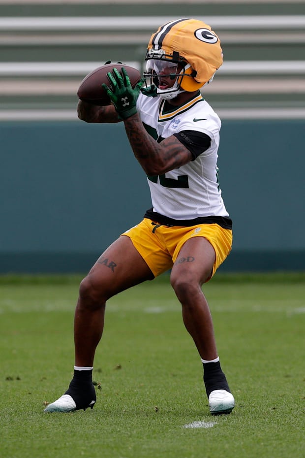 Green Bay Packers wide receiver Matthew Golden (22) catches a pass at minicamp.