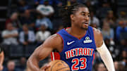 Oct 6, 2025; Memphis, Tennessee, USA; Detroit Pistons guard Jaden Ivey (23) dribbles during the second quarter against the Memphis Grizzlies at FedExForum. Mandatory Credit: Petre Thomas-Imagn Images