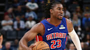 Oct 6, 2025; Memphis, Tennessee, USA; Detroit Pistons guard Jaden Ivey (23) dribbles during the second quarter against the Memphis Grizzlies at FedExForum. Mandatory Credit: Petre Thomas-Imagn Images