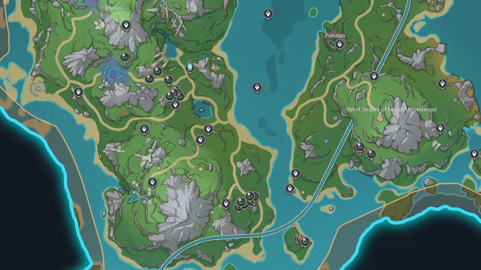 Genshin Impact map screenshot of Rainbow Rose locations.