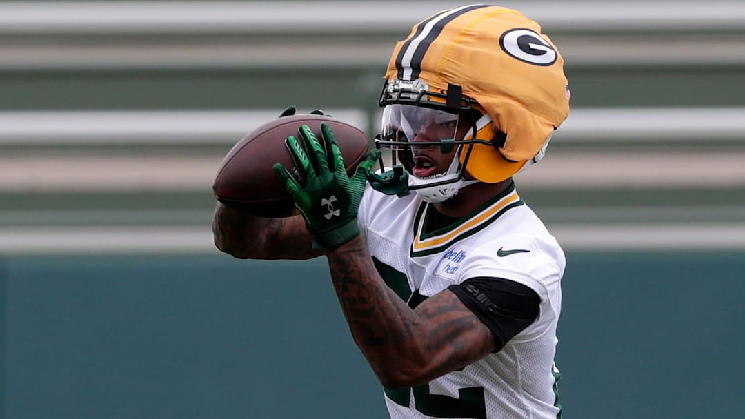 Green Bay Packers wide receiver Matthew Golden (22) catches the ball during the team's first day of minicamp on June 10, 2025, at Ray Nitschke Field in Ashwaubenon, Wis.