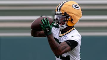 Green Bay Packers wide receiver Matthew Golden (22) catches the ball during the team's first day of minicamp on June 10, 2025, at Ray Nitschke Field in Ashwaubenon, Wis.
