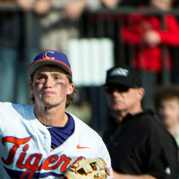 Clemson sophomore Nolan Nawrocki (2) makes a play at first base during the top of the seventh inning at Doug Kingsmore Stadium in a game that resulted in a 5-4 win against South Carolina in Clemson Sunday, March 3, 2024.