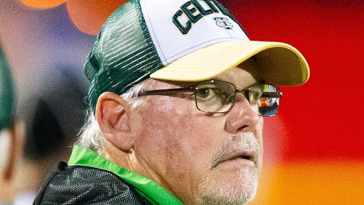 Trinity Catholic Celtics head coach John Brantley looks to the score board in the first half as he team trailed. The Eastside Rams hosted the Trinity Catholic Celtics at Citizens Field in Gainesville, FL on Thursday, September 12, 2024. Eastside lead 16-0 at the half. [Doug Engle/Ocala Star Banner]