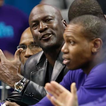 Dec 23, 2016; Charlotte, NC, USA; Charlotte Hornets owner Michael Jordan yells at an official in the second half against the Chicago Bulls at Spectrum Center. The Hornets defeated the Bulls 103-91. Mandatory Credit: Jeremy Brevard-Imagn Images