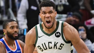Oct 28, 2025; Milwaukee, Wisconsin, USA; Milwaukee Bucks forward Giannis Antetokounmpo (34) reacts after scoring a basket in the 3rd quarter against the New York Knicks at Fiserv Forum. Mandatory Credit: Benny Sieu-Imagn Images