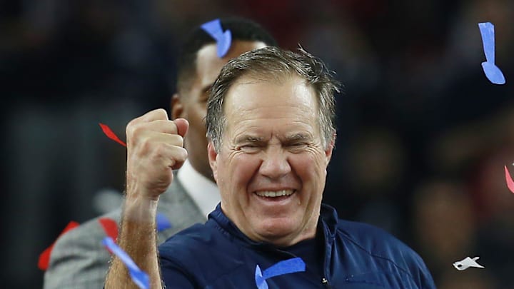 Bill Belichick celebrates after Super Bowl LI where the New England Patriots beat the Atlanta Falcons at NRG Stadium, Houston
