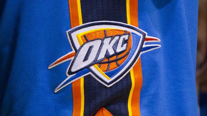 Nov 20, 2010; Milwaukee, WI, USA; Oklahoma City Thunder logo on a players shorts during the game against the Milwaukee Bucks at the Bradley Center.  The Thunder defeated the Bucks 82-81.  Mandatory Credit: Jeff Hanisch-USA TODAY Sports