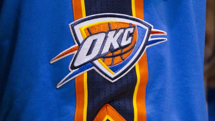 Nov 20, 2010; Milwaukee, WI, USA; Oklahoma City Thunder logo on a players shorts during the game
