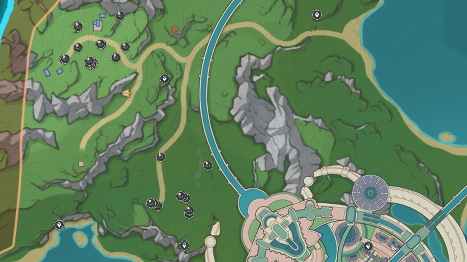 Genshin Impact map screenshot of Rainbow Rose locations.