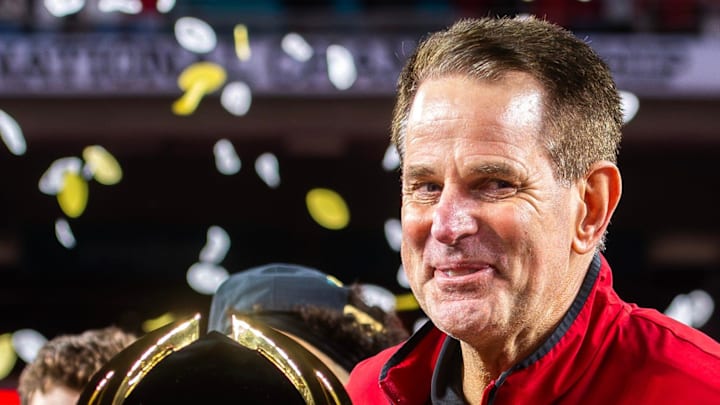 Indiana Head Coach Curt Cignetti smiles on the podium after the College Football Playoff National Championship college football game at Hard Rock Stadium in Miami Gardens on Monday, Jan. 19, 2026.