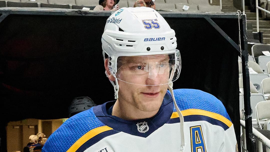 St. Louis Blues defenseman Colton Parayko (55) walks to the ice for warmups before the game between the San Jose Sharks and the St. Louis Blues at SAP Center at San Jose. Mandatory Credit: Robert Edwards-USA TODAY Sports