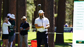Ryan Fitzpatricks plays a practice round before the 2025 American Century Championship.