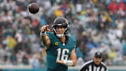 Dec 7, 2025; Jacksonville, Florida, USA;  Jacksonville Jaguars quarterback Trevor Lawrence (16) throws down field against the Indianapolis Colts during the first half at EverBank Stadium. Mandatory Credit: Matt Pendleton-Imagn Images