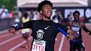Robert Gardner of Servite reacts after winning the boys 4×100 Invitational race during the 2025 Arcadia Invitational at Arcadia High School in Arcadia on Saturday,