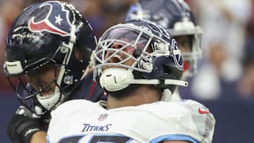 Tennessee Titans defensive tackle Jeffery Simmons reacts after getting a sack against the Houston Texans